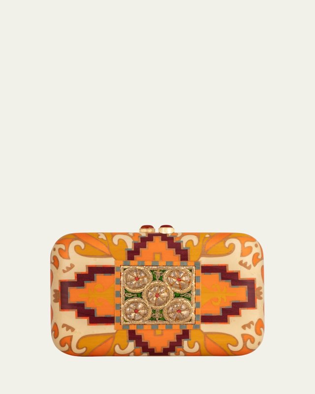 18K Yellow Gold Rectangular Marquetry Clutch with Ikat Print, Fabric Application and Red Agate